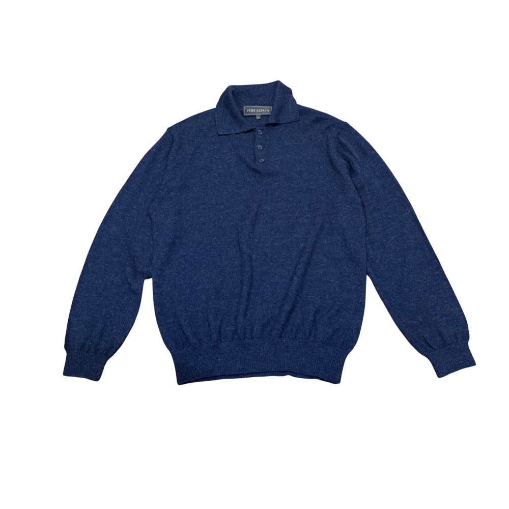 Pure Alpaca Mens Blue 100% Baby Alpaca Wool Long Sleeve Polo Sweater XL Peru
